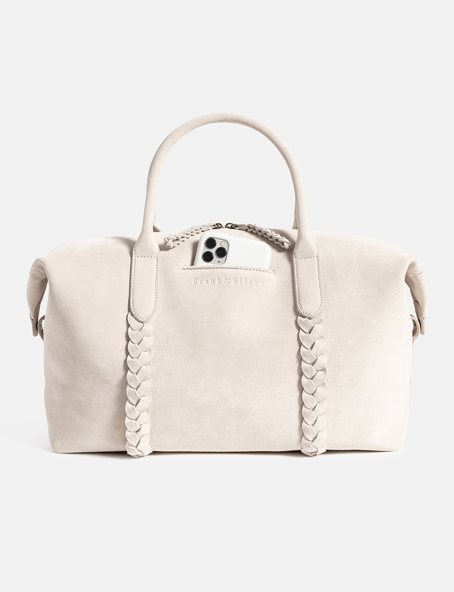 Side of Lamb White Frank & Eileen Willow Everyday Bag, with phone in exterior pocket
