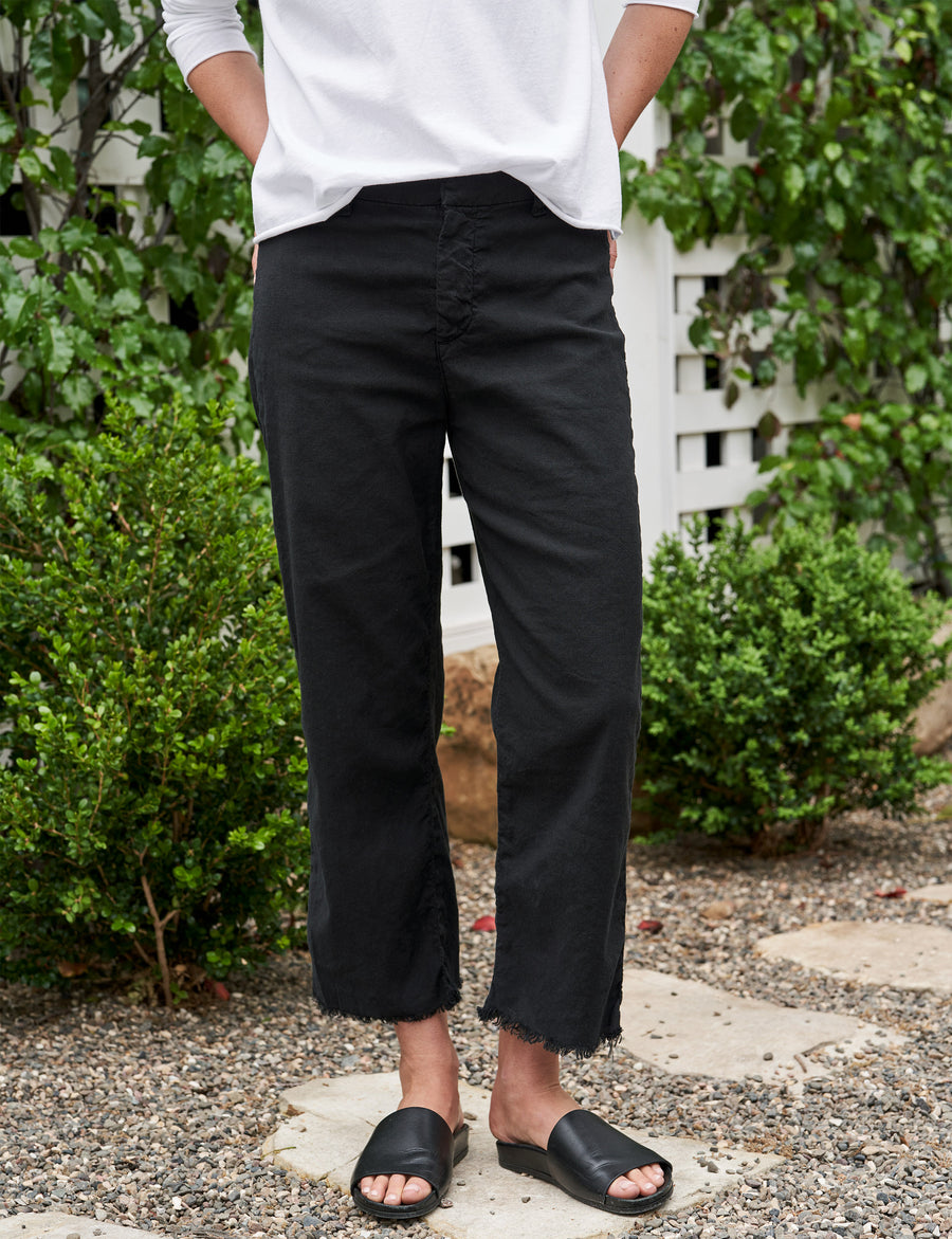 Front of person wearing Black Frank & Eileen Kinsale High-Rise Pant in Italian Performance Linen