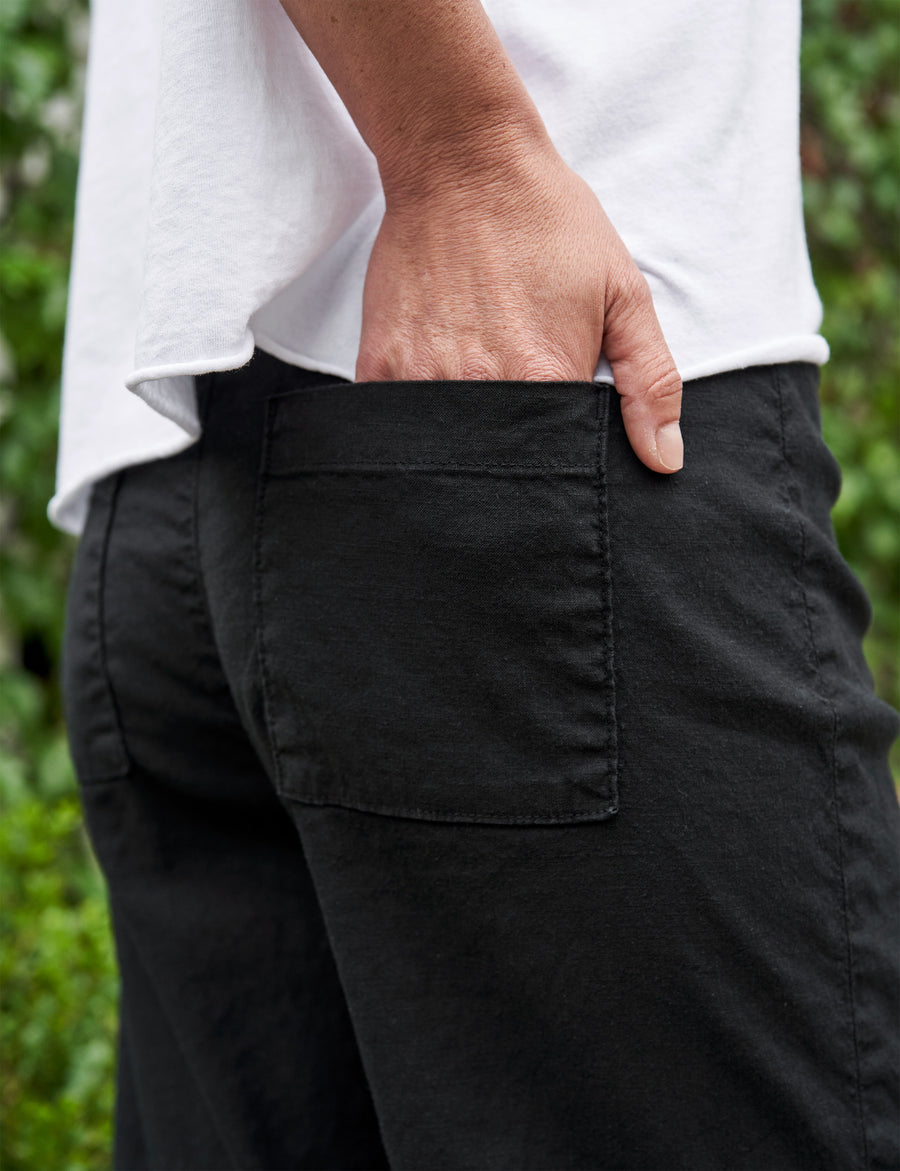 Side and back pocket of person wearing Black Frank & Eileen Kinsale High-Rise Pant in Italian Performance Linen