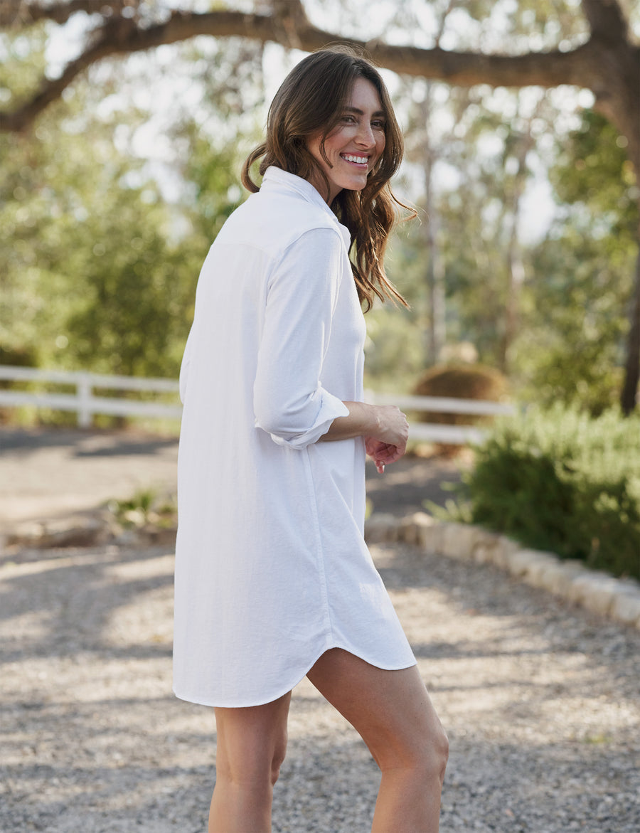 Side of person wearing White Frank & Eileen Mary Classic Shirtdress in Heritage Jersey