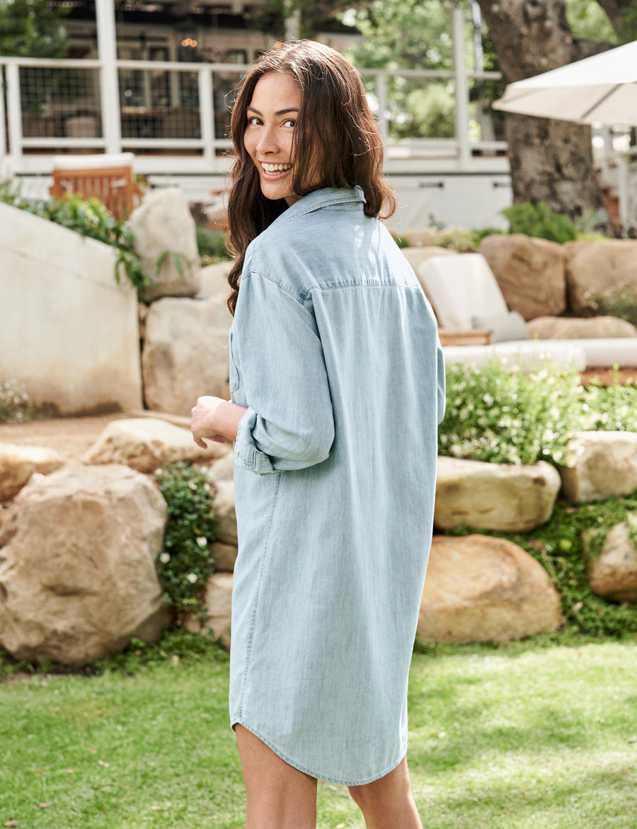 Back of person wearing Blue Frank & Eileen Mary Classic Shirtdress in Famous Denim
