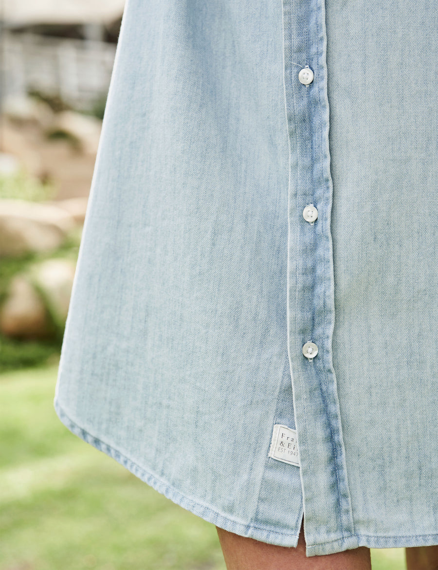 Lower hem of person wearing Blue Frank & Eileen Mary Classic Shirtdress in Famous Denim
