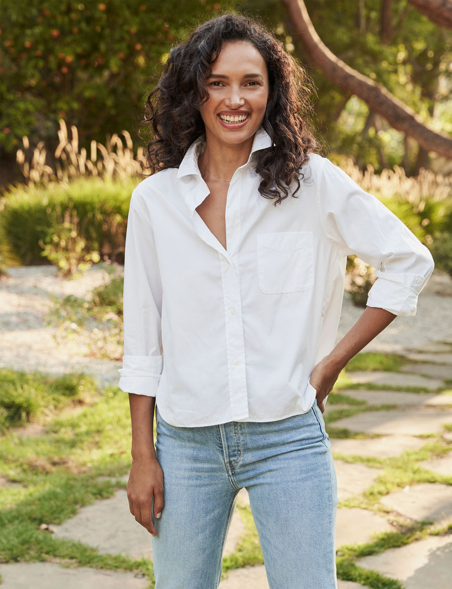 Front of person wearing White Frank & Eileen Silvio Untuckable Button-Up Shirt in Superluxe