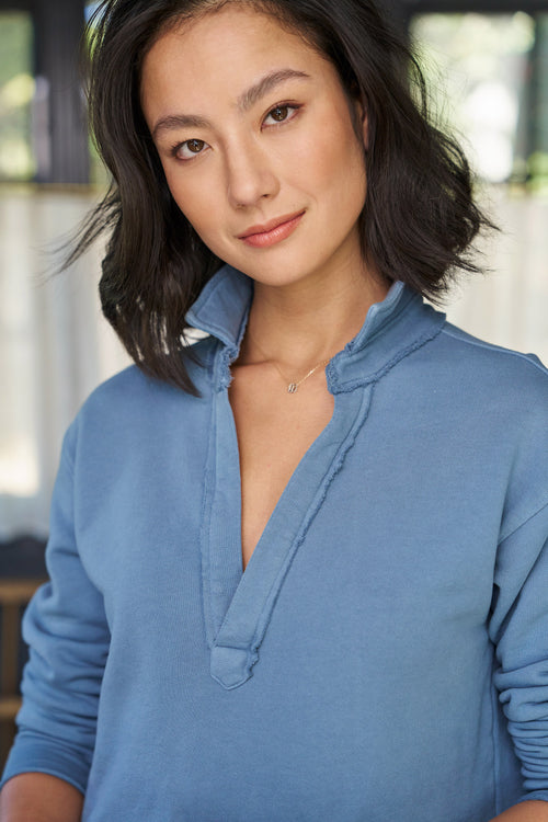 Face and collar of person wearing Hydrangea Blue Frank & Eileen Patrick Popover Henley in Triple Fleece, view 3