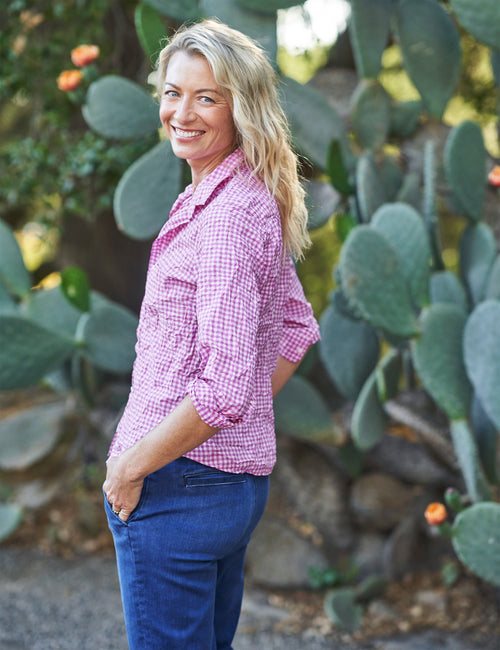 Side of person wearing Multi Pink Check Frank & Eileen Barry Tailored Button-Up Shirt in Signature Crinkle, alternate view