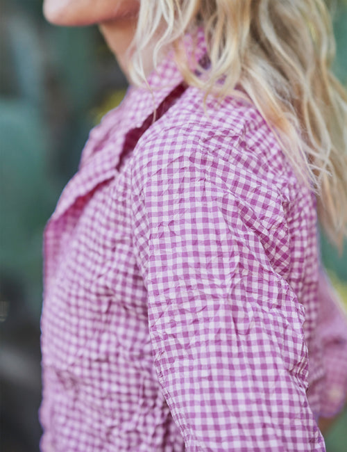 Shoulder of person wearing Multi Pink Check Frank & Eileen Barry Tailored Button-Up Shirt in Signature Crinkle, view 3