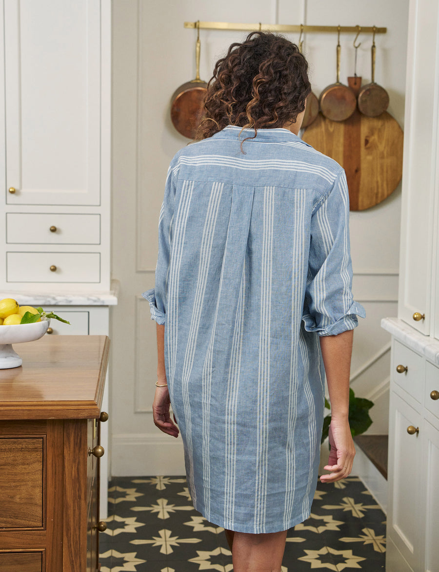 Back shot of person wearing Blue Stripe Frank & Eileen Hunter Step-Hem Shirtdress in Classic Linen