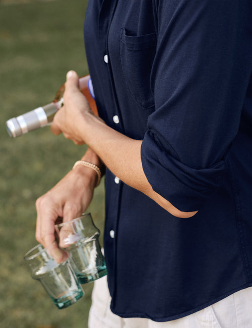 Torso and arms of person wearing British Royal Navy Frank & Eileen Barry Tailored Button-Up Shirt in Luxe Jersey, view 4