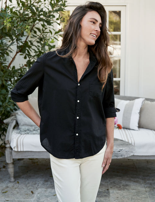 Front of person wearing Black Frank & Eileen Eileen Relaxed Button-Up Shirt in Featherweight, front view