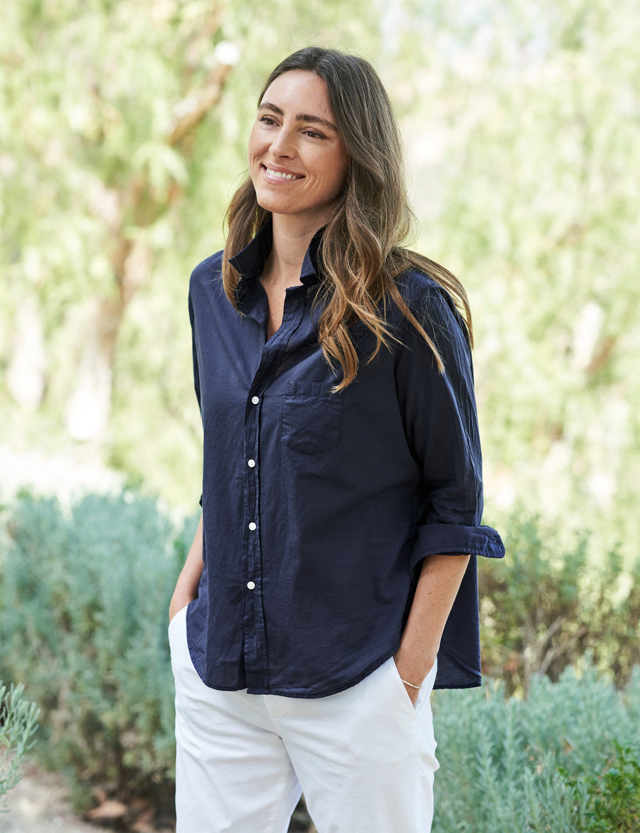 Front of person wearing Navy Frank & Eileen Eileen Relaxed Button-Up Shirt in Organic Voile