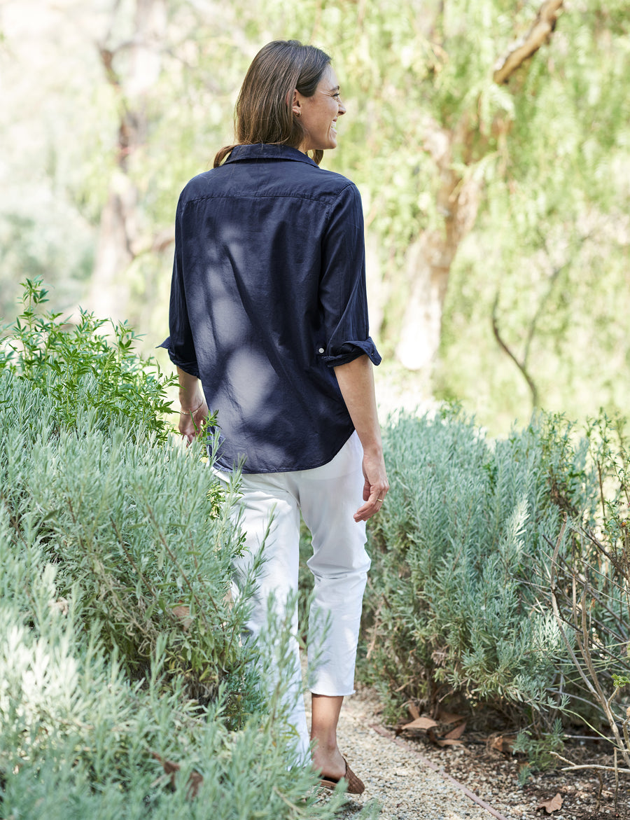 Back of person wearing Navy Frank & Eileen Eileen Relaxed Button-Up Shirt in Organic Voile