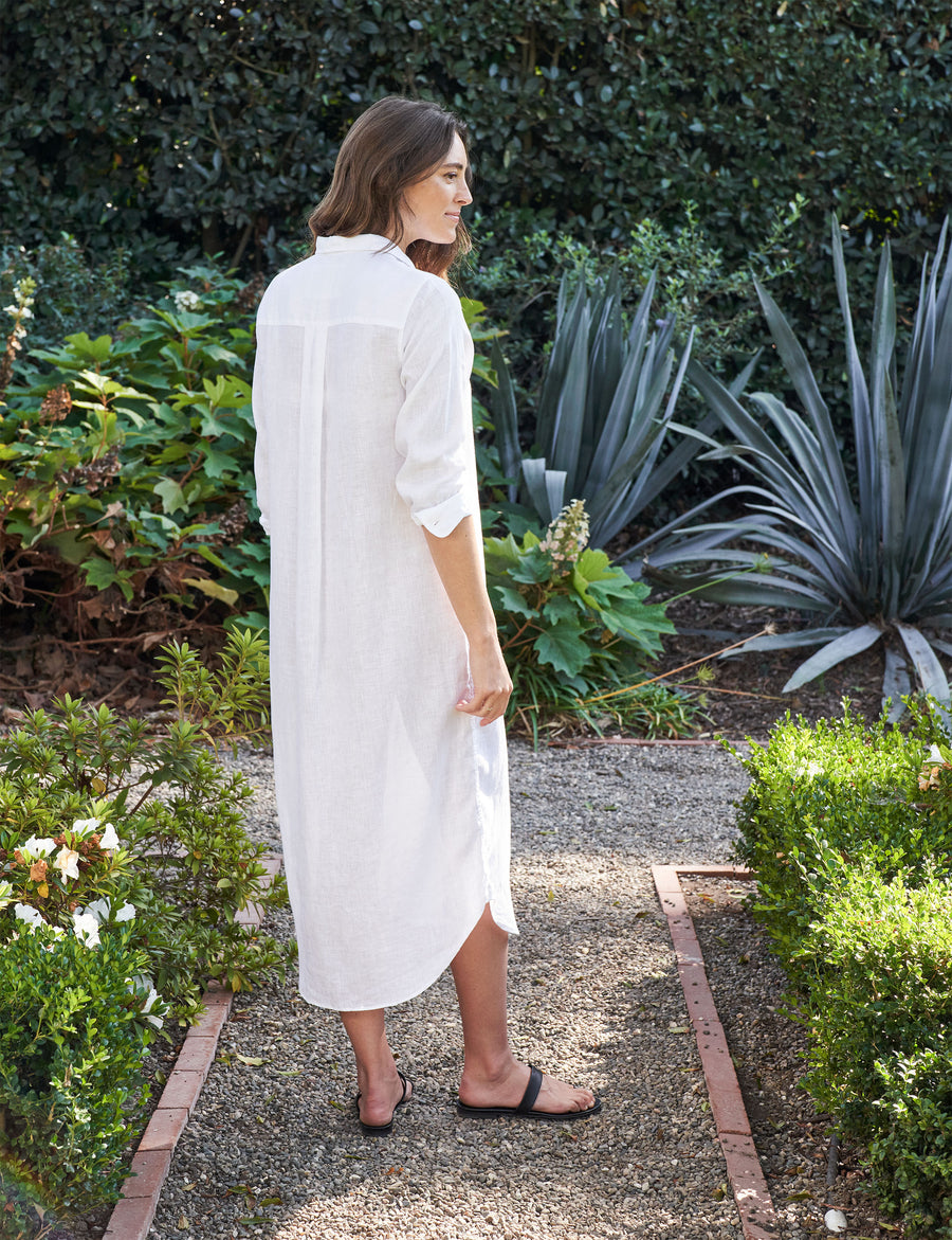 Back of person wearing White Frank & Eileen Rory Maxi Shirtdress in Lived-in Linen