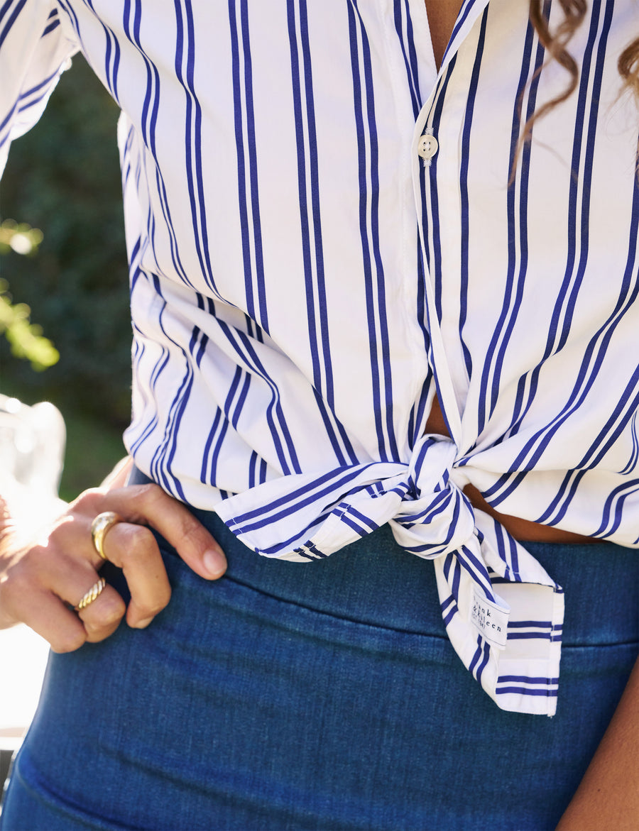 Detail shot of of tied shirt on person wearing Navy Stripe Frank & Eileen Frank Classic Button-Up Shirt in Superluxe
