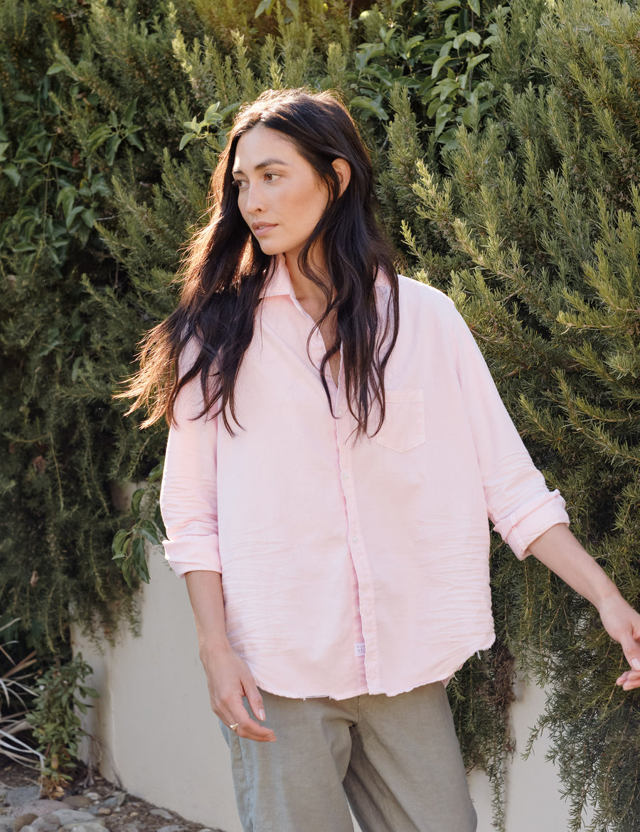 Front shot of person wearing Light Pink Frank & Eileen Eileen Relaxed Button-Up Shirt in Famous Denim
