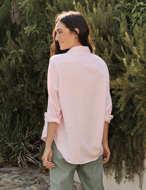 Back shot of person wearing Light Pink Frank & Eileen Eileen Relaxed Button-Up Shirt in Famous Denim, alternate view