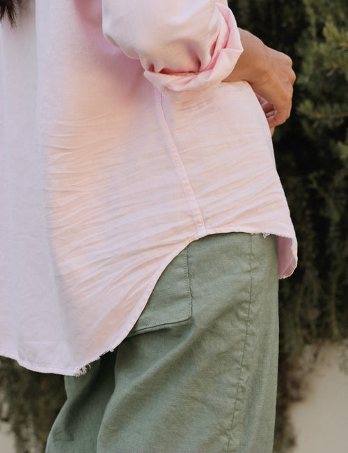 Detail shot of person wearing Light Pink Frank & Eileen Eileen Relaxed Button-Up Shirt in Famous Denim, view 3