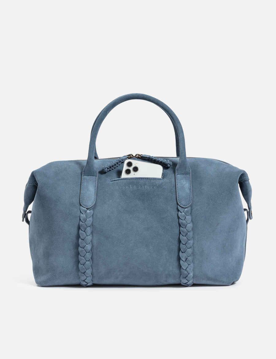 Side of Jean Blue Frank & Eileen Willow Everyday Bag, with phone in exterior pocket