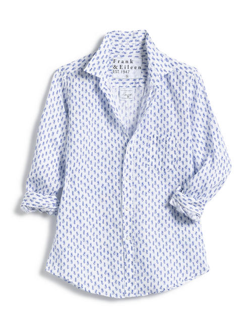 Flat shot of Blue Pineapple print Frank & Eileen Barry Tailored Button-Up Shirt in Classic Linen, view 4