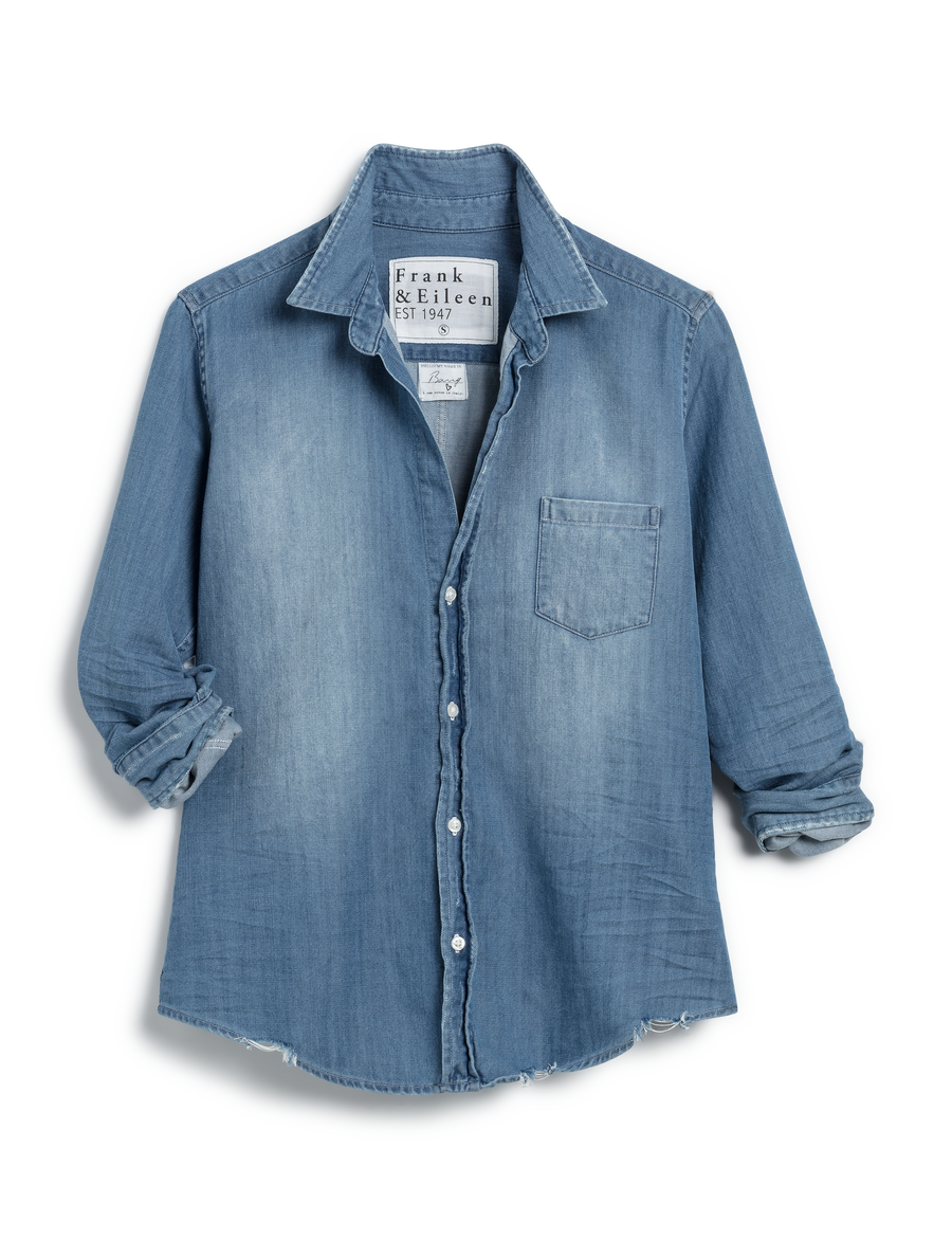 Flat front shot of Distressed Blue Frank & Eileen Barry Tailored Button-Up Shirt in Famous Denim