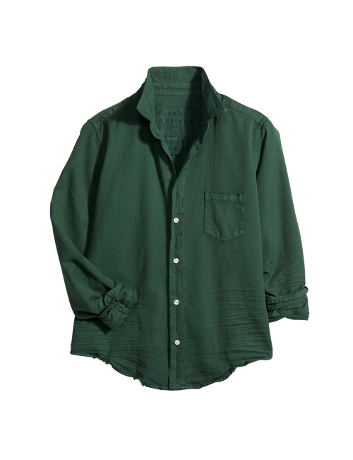 Flat shot of Forest Green Frank & Eileen Barry Tailored Button-Up Shirt in Famous Denim, front view