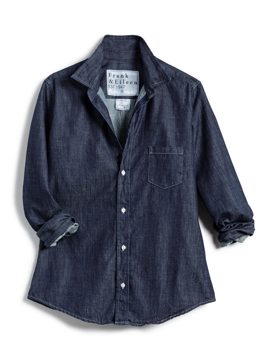 Flat shot of Raw Rinse Denim Frank & Eileen Barry Tailored Button-Up Shirt in Famous Denim