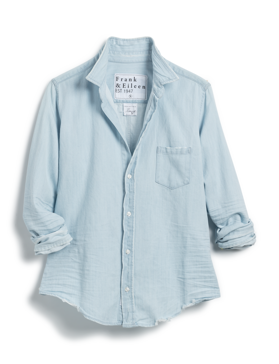 Flat front shot of Light Blue Frank & Eileen Barry Tailored Button-Up Shirt in Famous Denim