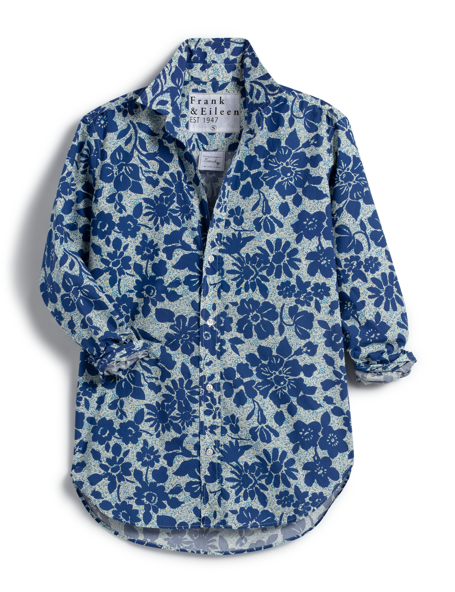 Flat front shot of Blue Floral Print Frank & Eileen Frank Classic Button-Up Shirt made with Liberty Fabric