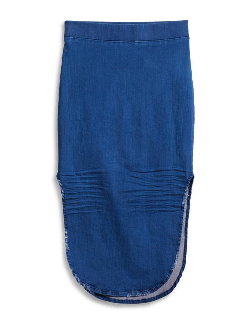 Flat front shot of Blue Frank & Eileen Donegal Unforgettable Skirt in Italian Performance Denim, view 4