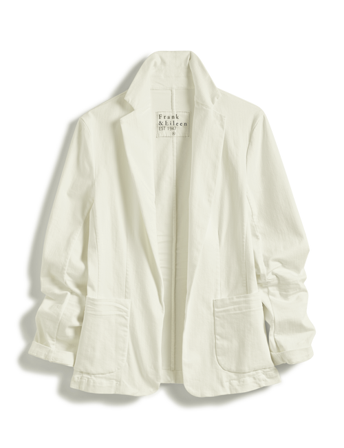Flat front shot of White Frank & Eileen Dublin Tailored Blazer in Italian Performance Denim, view 3