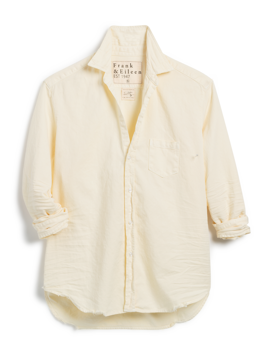Flat front shot of Daisy Yellow Navy Frank & Eileen Eileen Relaxed Button-Up Shirt in Famous Denim