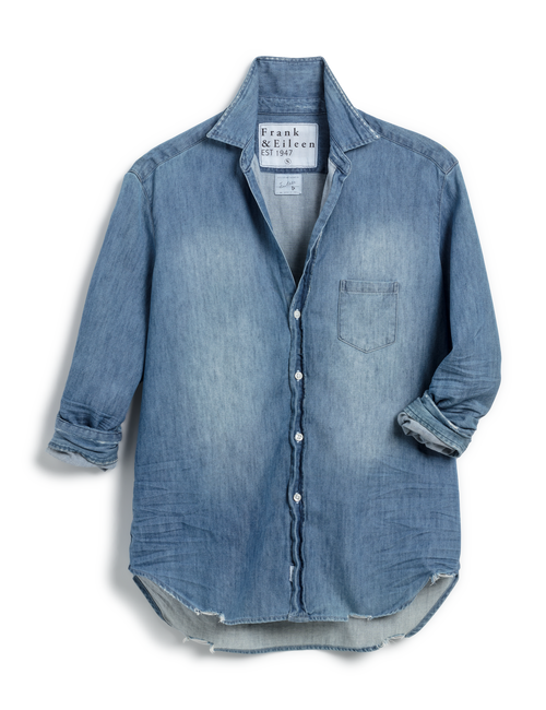 Flat front shot of Distressed Vintage Blue Navy Frank & Eileen Eileen Relaxed Button-Up Shirt in Famous Denim, view 4