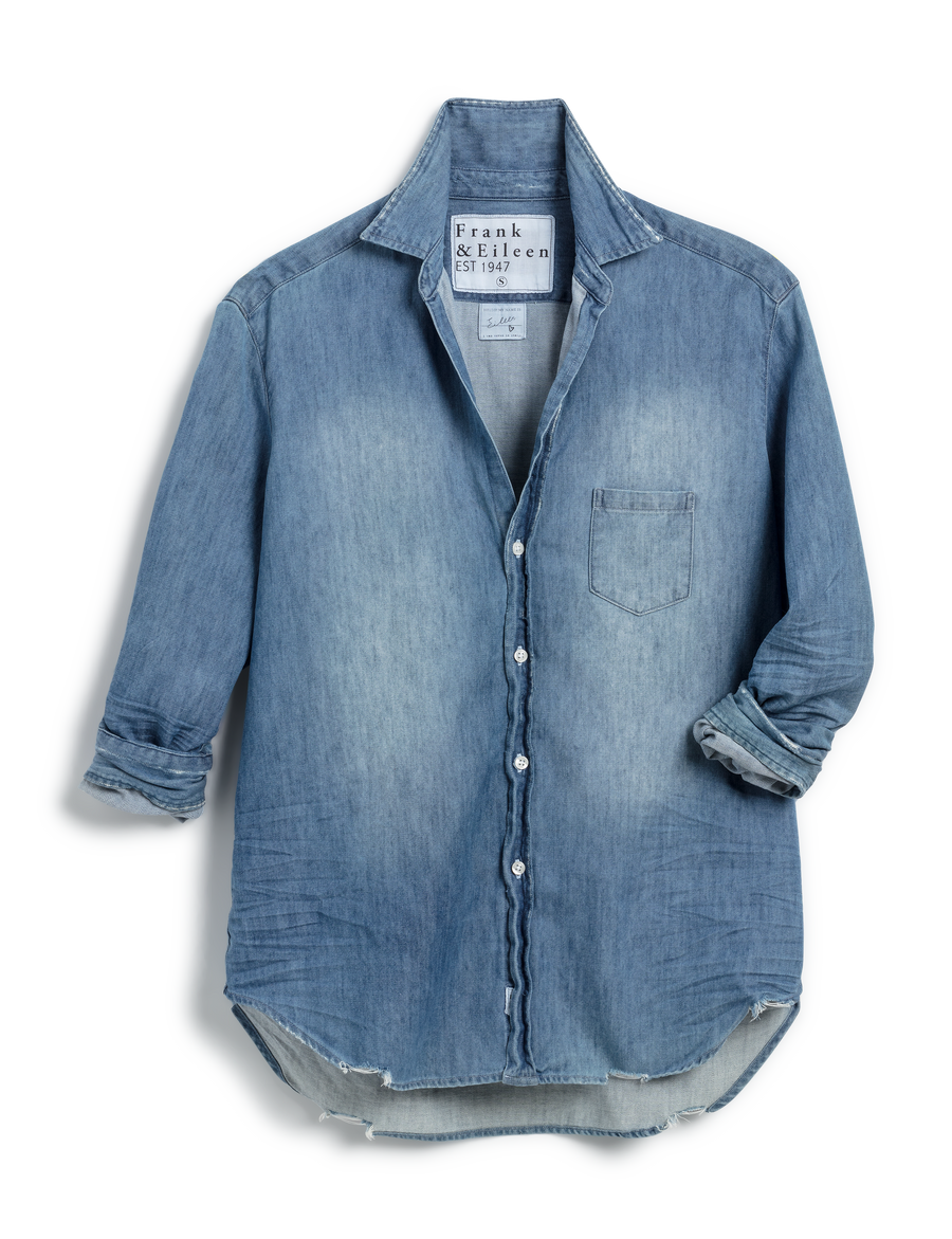 Flat front shot of Distressed Vintage Blue Navy Frank & Eileen Eileen Relaxed Button-Up Shirt in Famous Denim