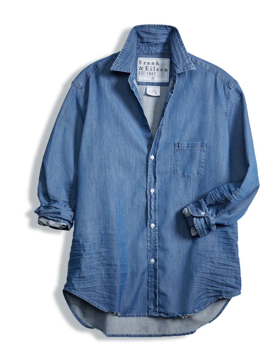 Flat front shot of Blue Frank & Eileen Eileen Relaxed Button-Up Shirt in Famous Denim