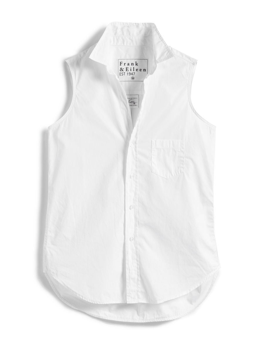 Flat front shot of White Frank & Eileen Fiona Sleeveless Button-Up Shirt in Superluxe