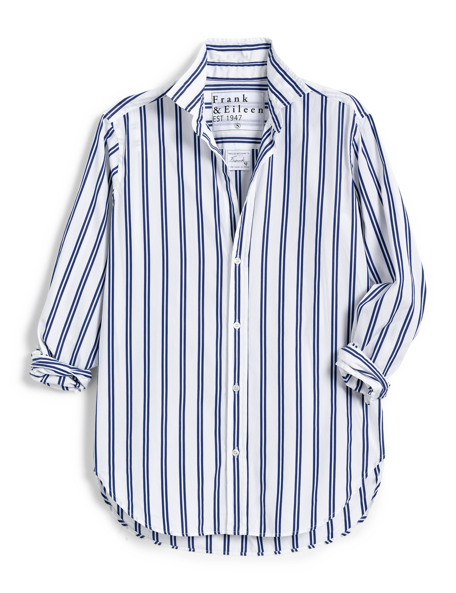 Flat front shot of Navy Stripe Frank & Eileen Frank Classic Button-Up Shirt in Superluxe