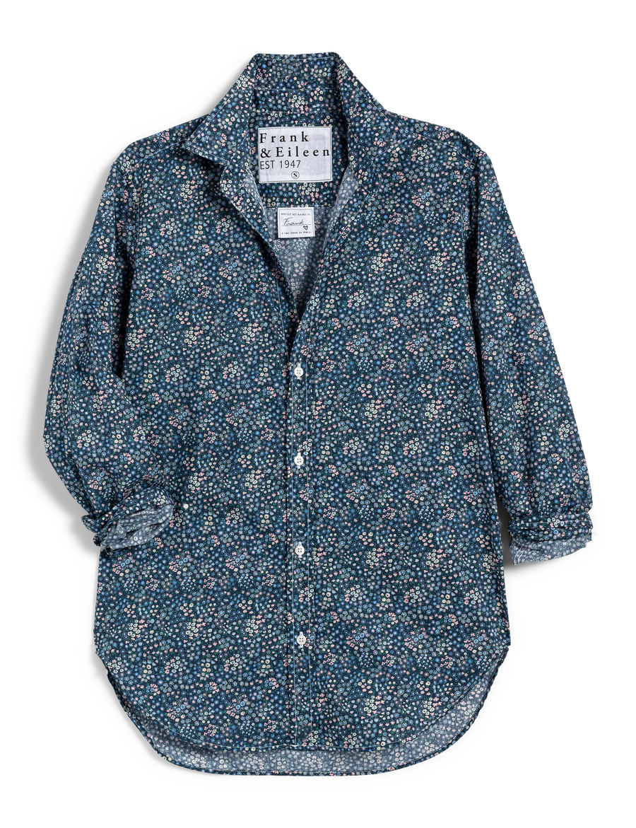 Flat front shot of Navy and Pink Flowers Frank & Eileen Frank Classic Button-Up Shirt in Made with Liberty Fabric