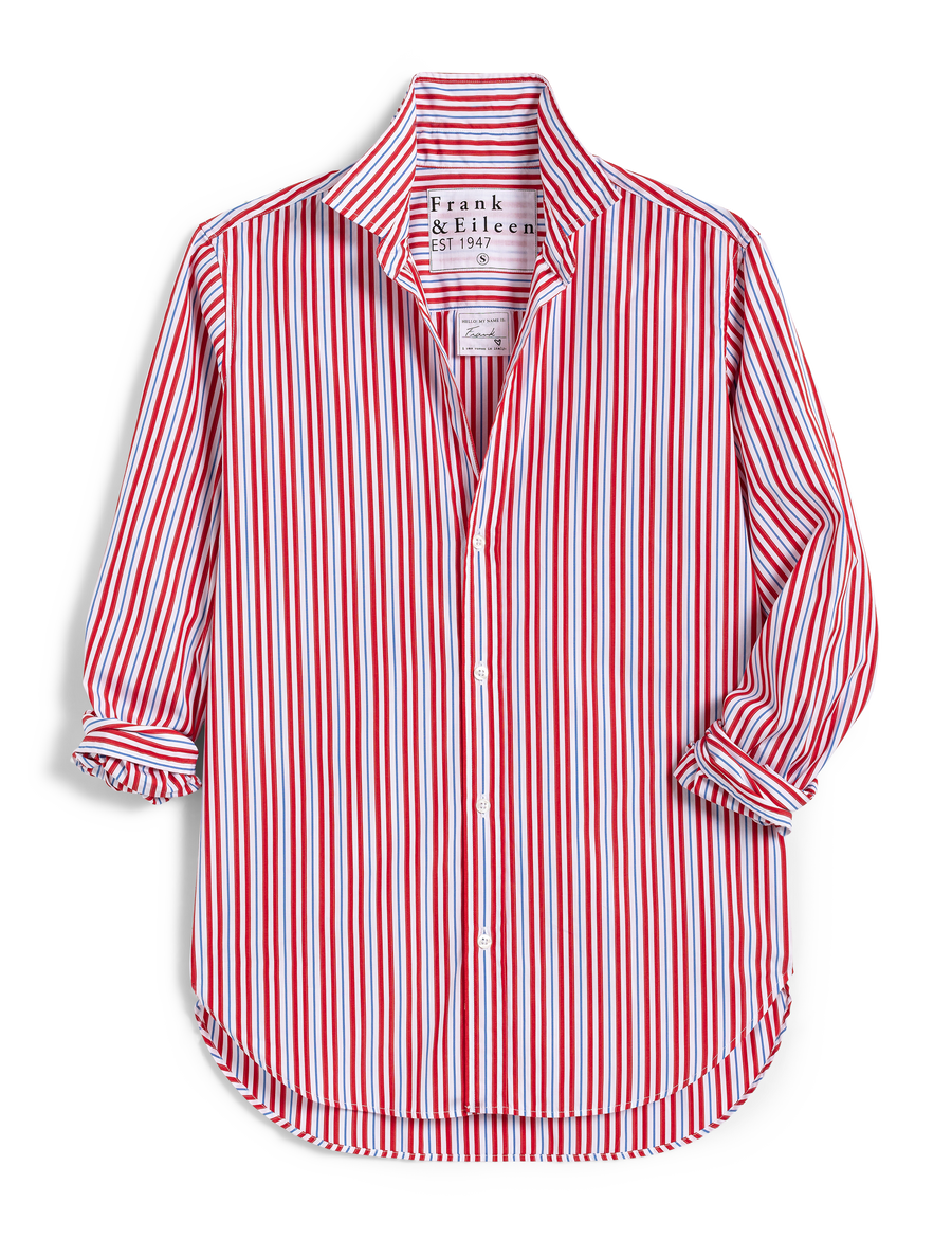 Flat front shot of Red and Blue Stripe Frank & Eileen Frank Classic Button-Up Shirt in Superluxe