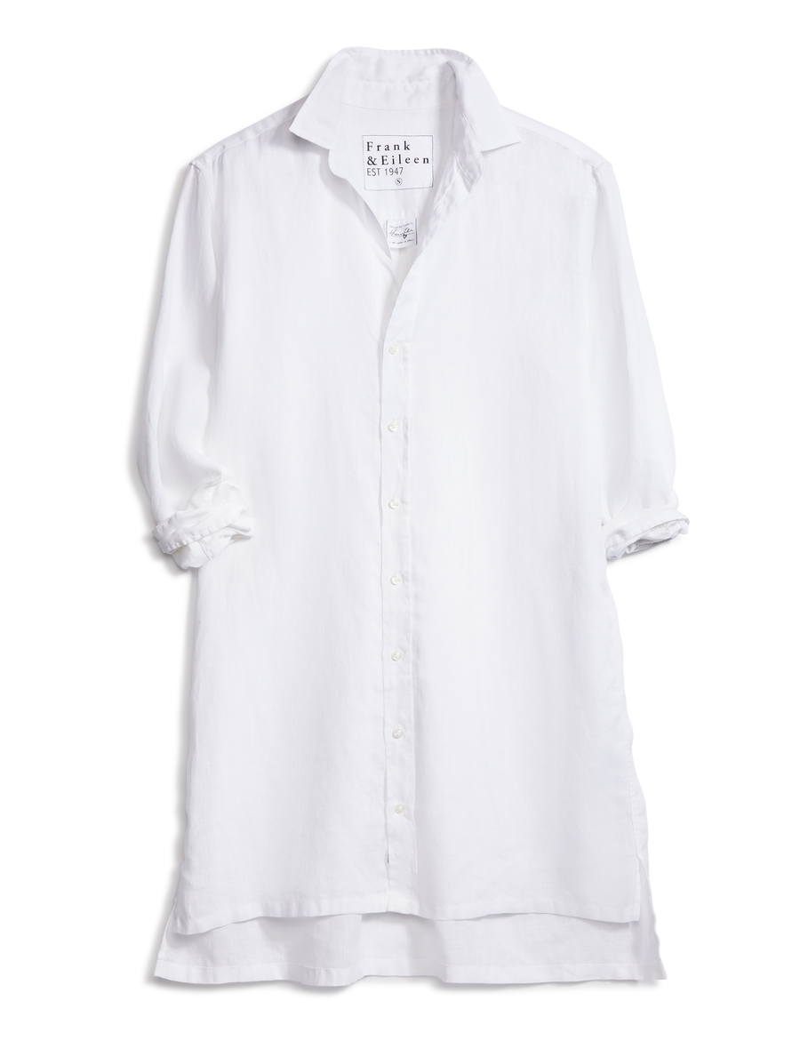 Flat front shot of White Frank & Eileen Hunter Step-Hem Shirtdress in Classic Linen