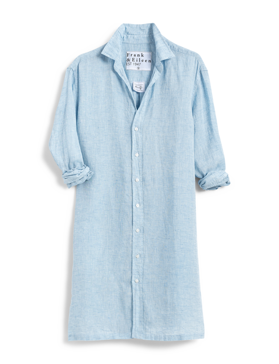 Flat front of Heather Blue Frank & Eileen Hunter Step-Hem Shirtdress in Classic Linen