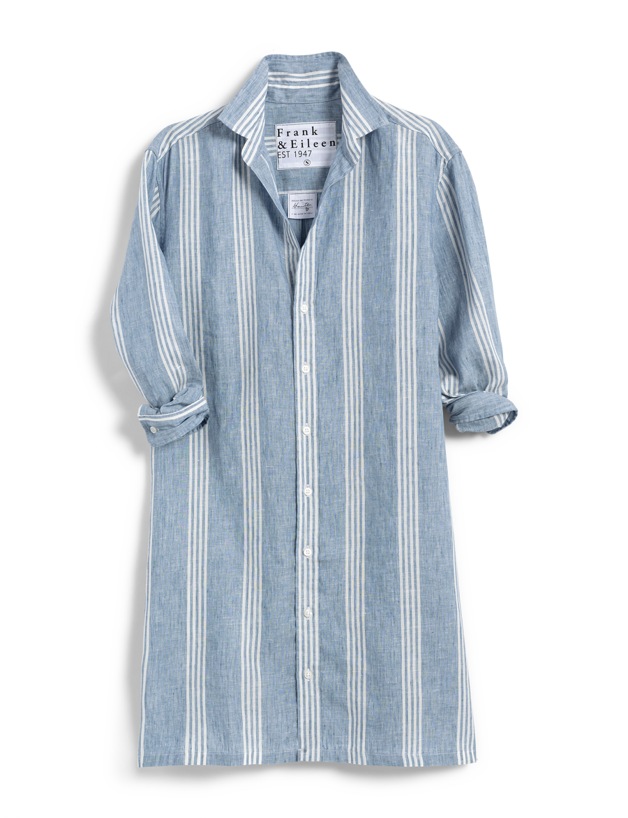 Flat front shot of Blue Stripe Frank & Eileen Hunter Step-Hem Shirtdress in Classic Linen