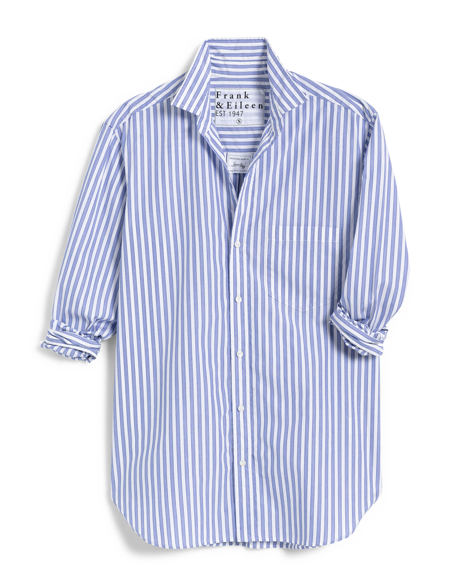 Flat front of person wearing Blue Stripe Frank & Eileen Joedy Boyfriend Button-Up Shirt in Casual Cotton