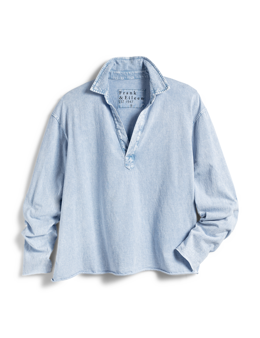 Flat front shot of Mineral Blue Frank & Eileen Patrick Popover Henley in Heritage Jersey