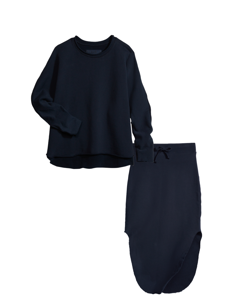 Flat front shot of British Royal Navy Frank & Eileen Montecito Travel Set Capelet and Skirt in Triple Fleece