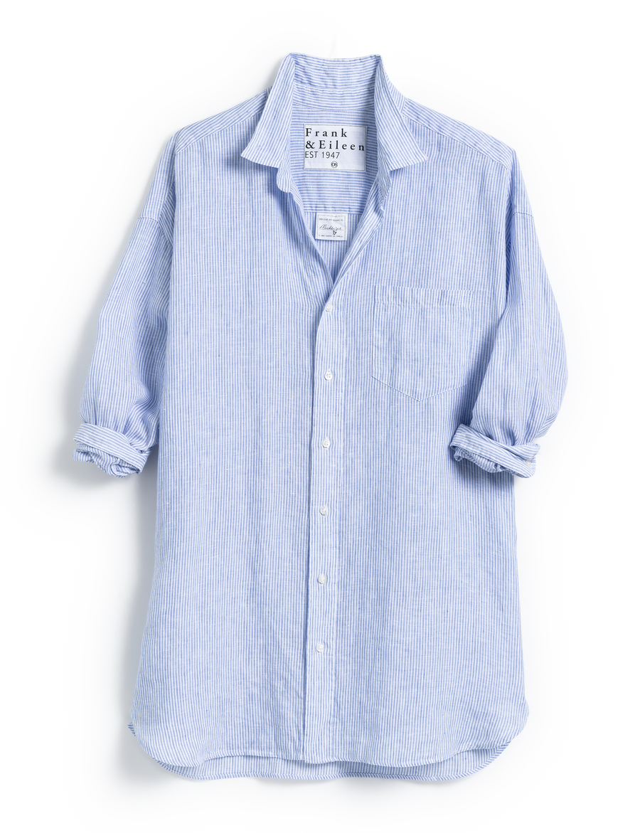 Flat front shot of Blue Stripe Frank & Eileen Mackenzie Exaggerated Button-Up Shirt in Lived-in Linen