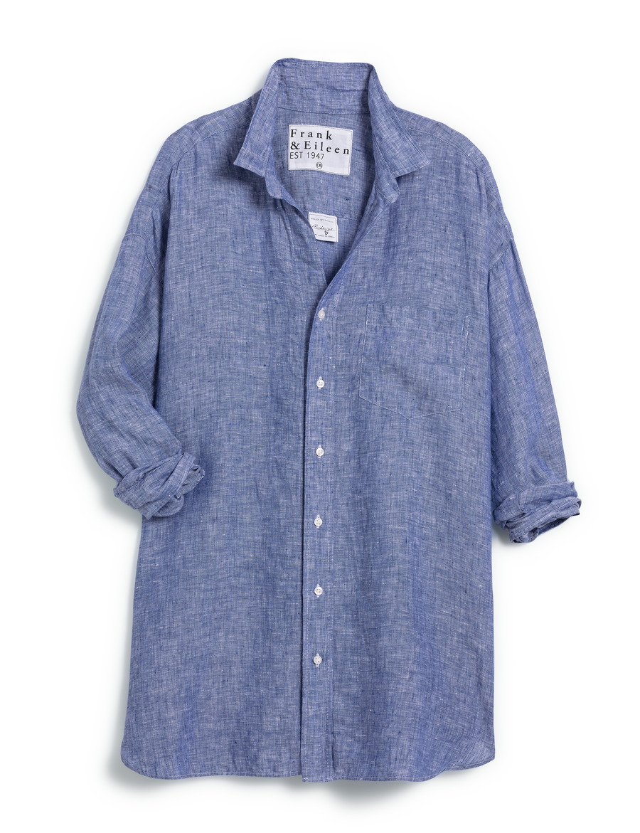 Flat front shot of Blue Frank & Eileen Mackenzie Exaggerated Button-Up Shirt in Lived-in Linen