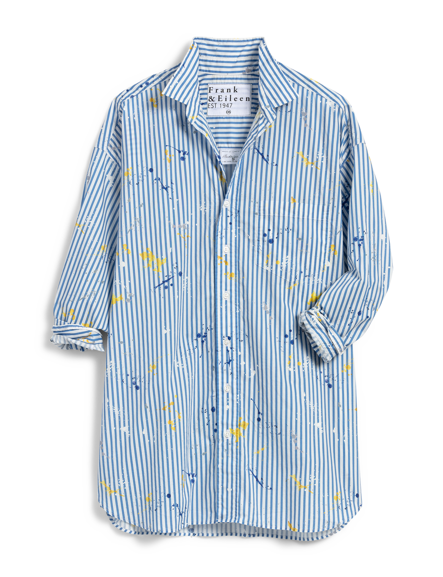 Flat front shot of Blue Stripe Frank & Eileen Mackenzie Exaggerated Button-Up Shirt in Casual Cotton
