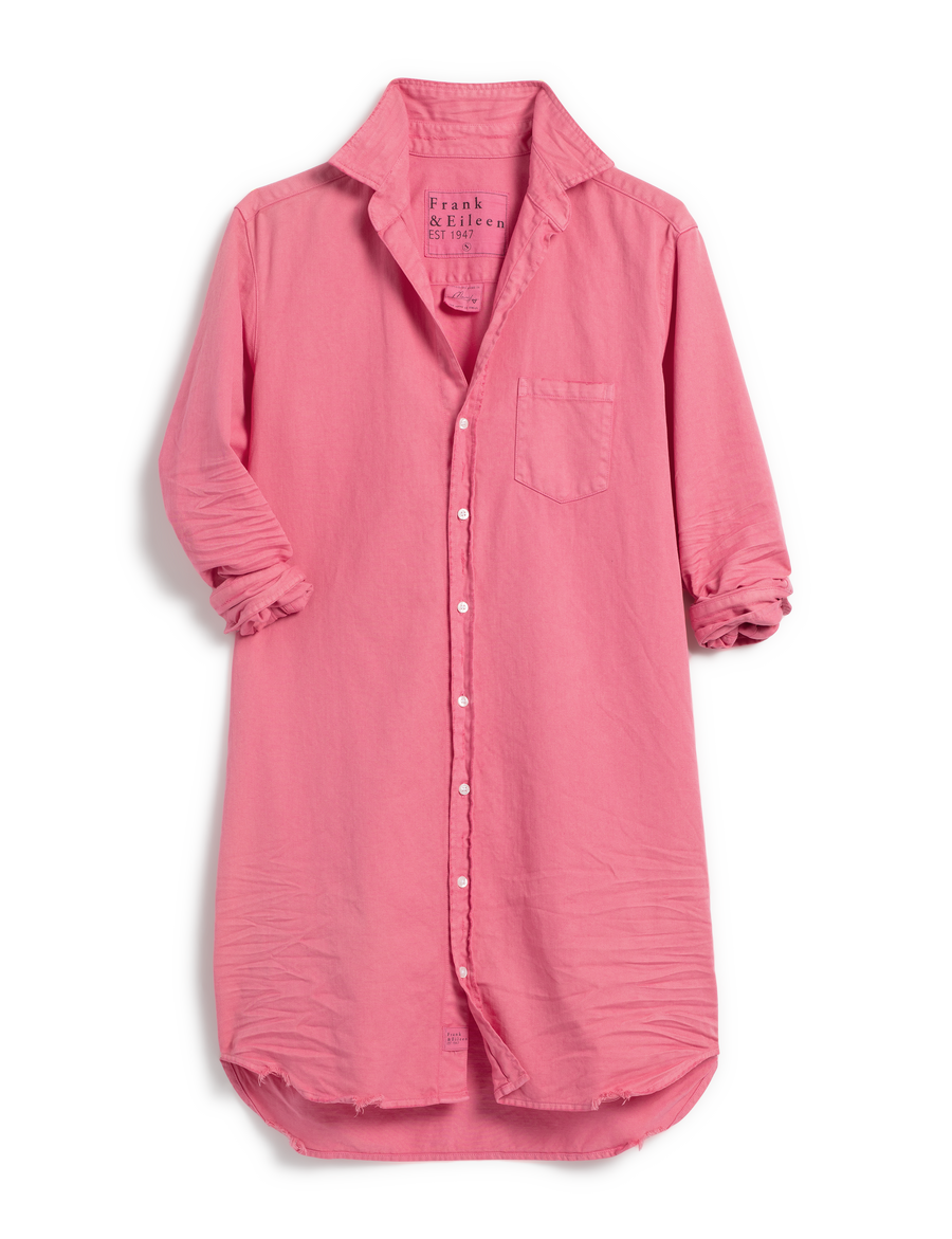 Flat front shot of Flamingo Pink Frank & Eileen Mary Classic Shirtdress in Famous Denimm