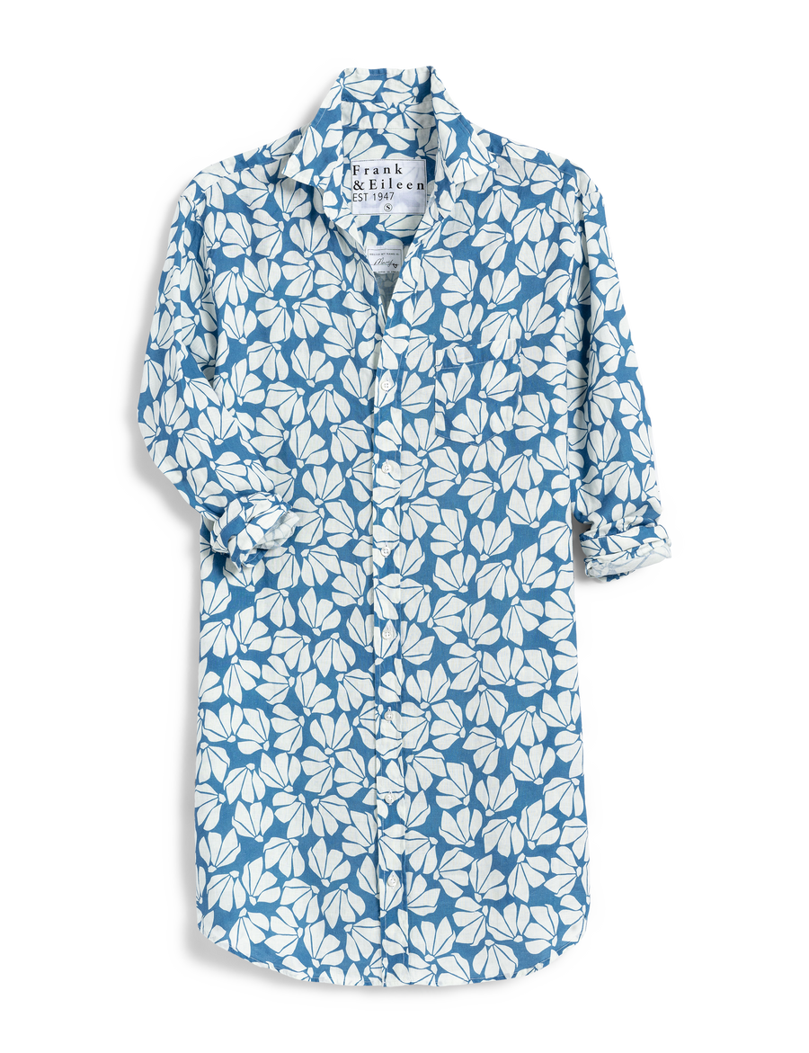 Flat front of Blue Floral Frank & Eileen Mary Classic Shirtdress in Classic Linen
