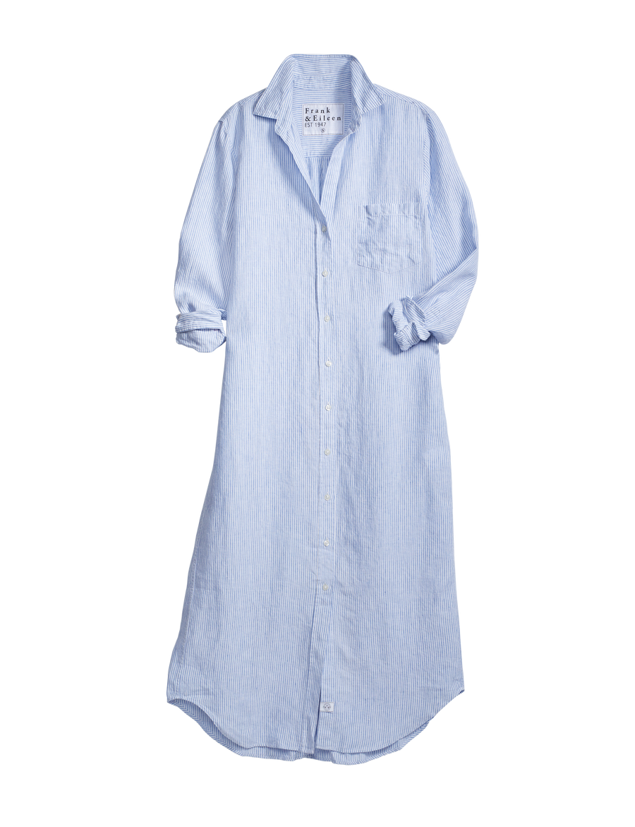 Flat front shot wearing Blue Stripe Frank & Eileen Rory Maxi Shirtdress in Linen