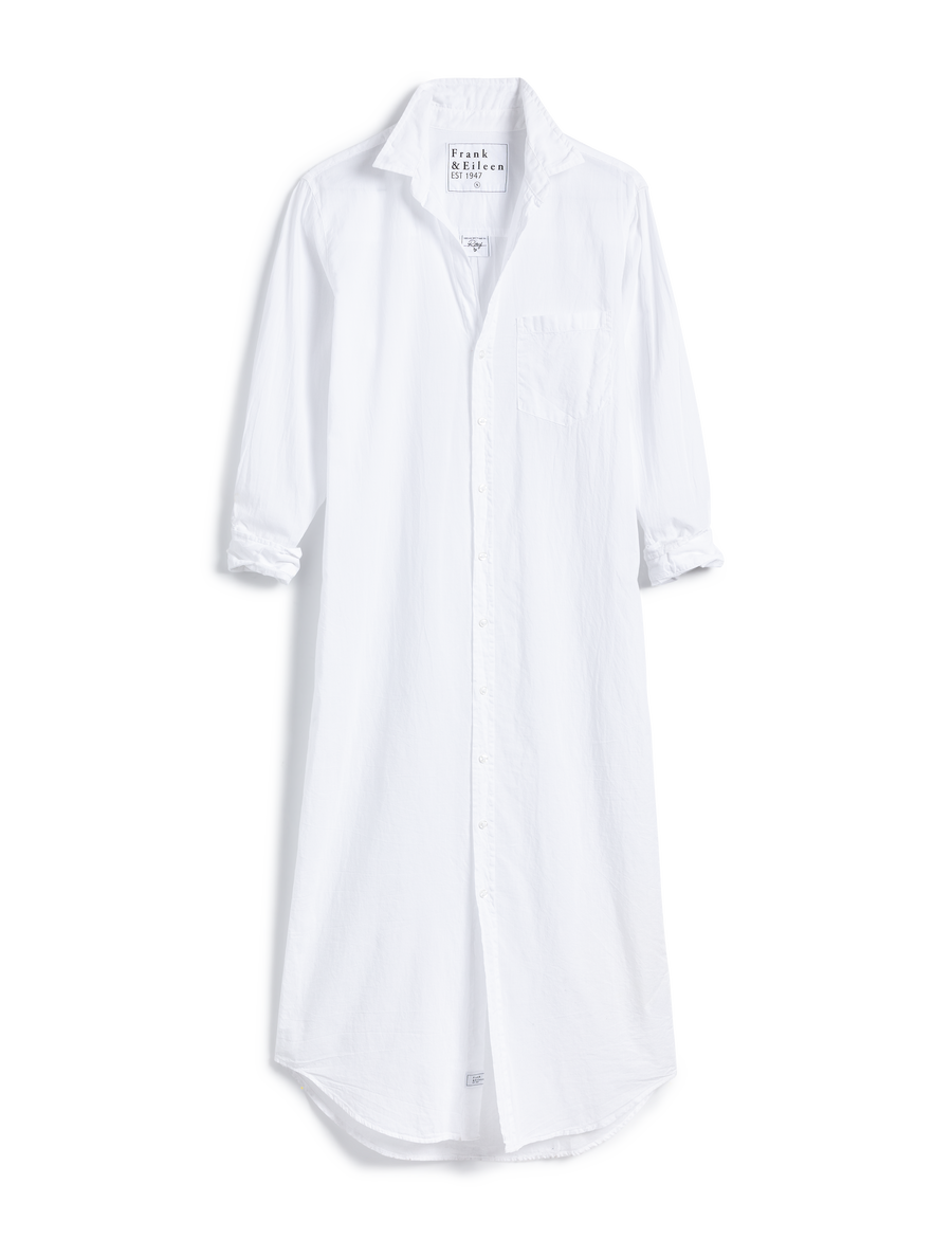 Flat front shot of White Frank & Eileen Rory Maxi Shirtdress in Organic Voile